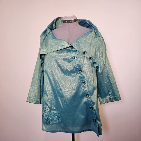 Custom handmade teal and gold metallic thread fabric tent buttoned blouse 12 US - Picture 2 of 7